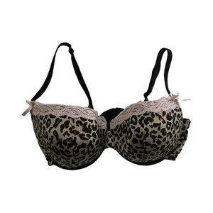 Cacique Leopard Cheetah Animal Print Wired Bra with Soft Pink Lace Size 42DD